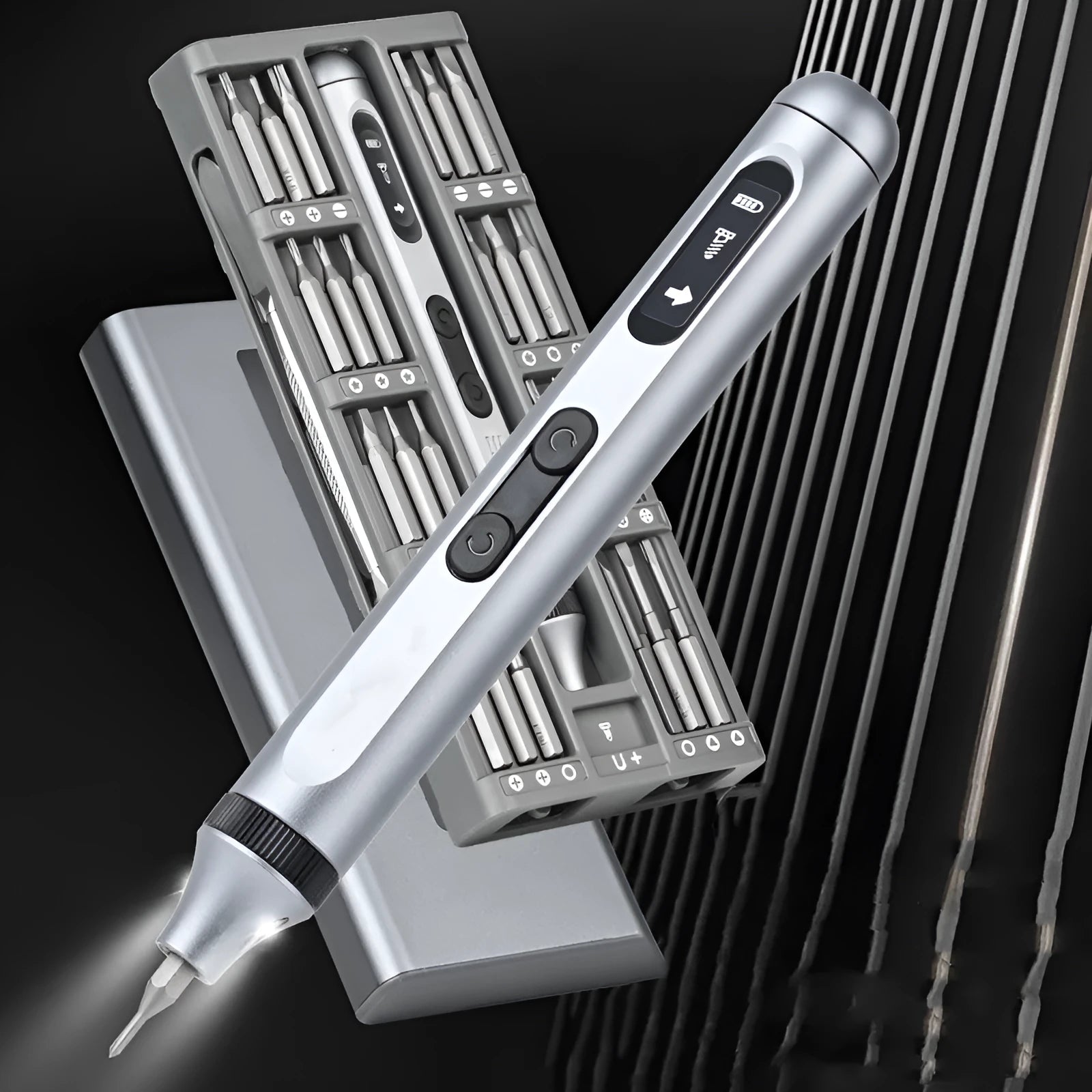 Precision electric screwdriver with aluminium handle showing scale against a ruler
