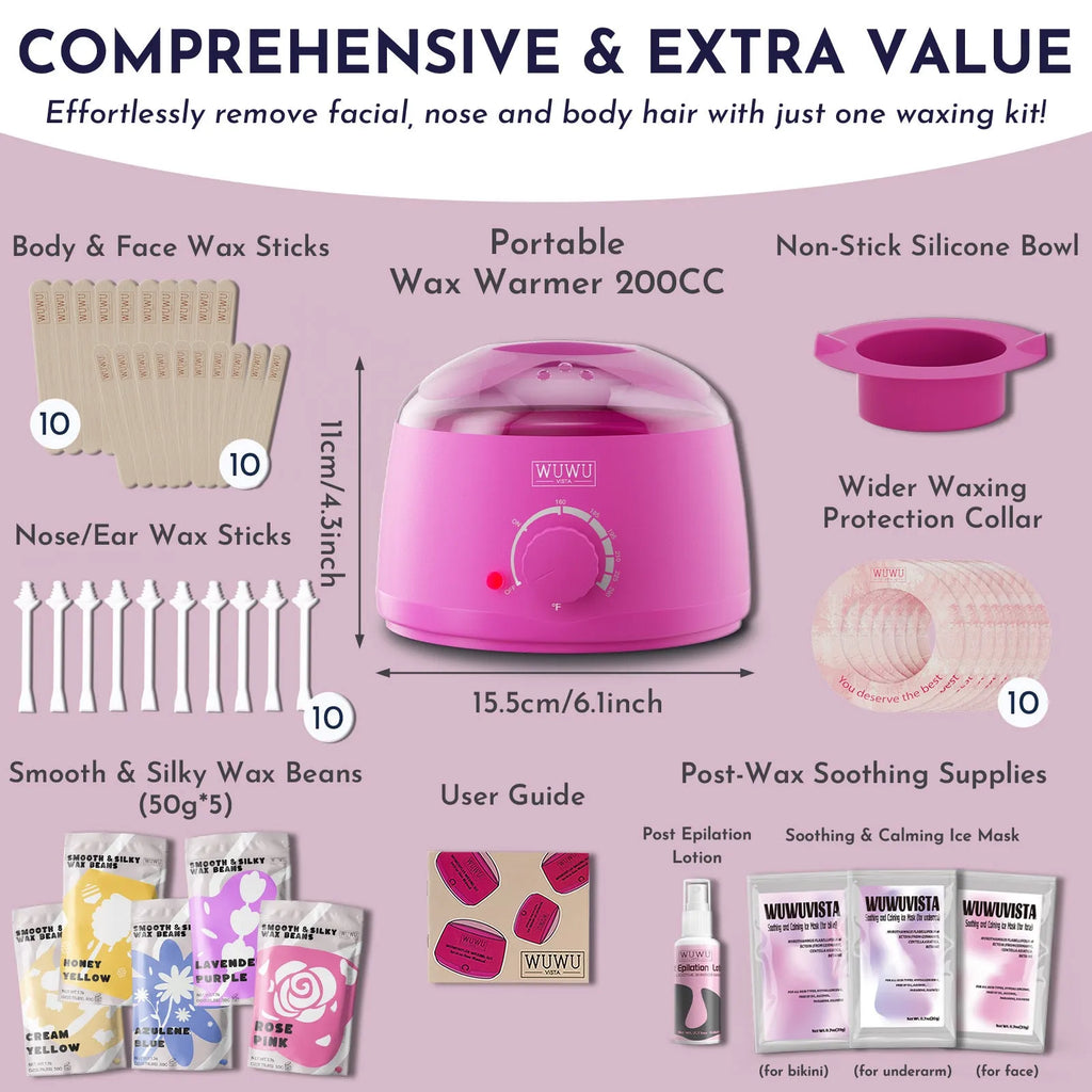 Professional 52-piece waxing kit with wax warmer, hard wax beans, application tools and post-treatment products