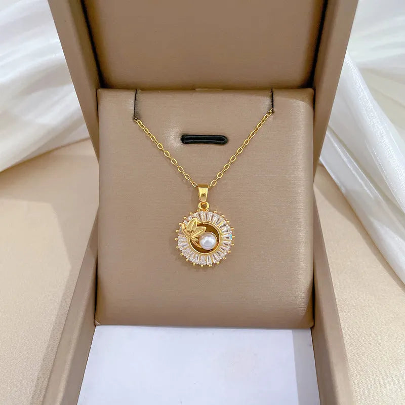 Women's geometric square full diamond round ring leaves design necklace and earrings set in titanium steel and copper.