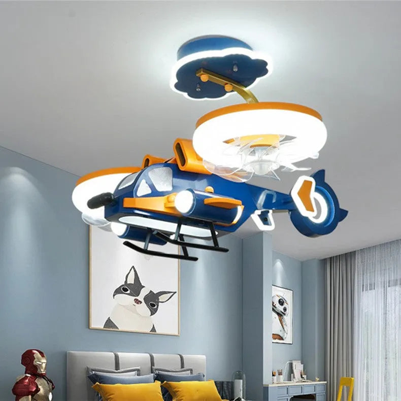 Smart Fighter Boy ceiling fan light with metal blades and acrylic lampshade in yellow and blue for large bedrooms