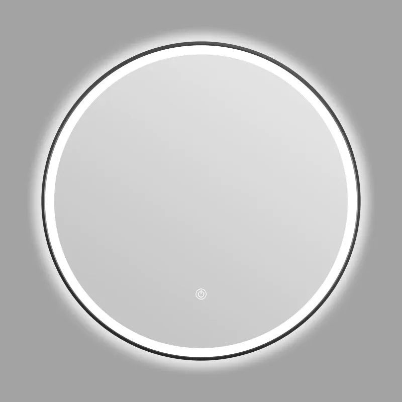 Round black frame aluminium LED bathroom mirror with wall mounting and touch dimming control