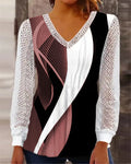 Purple V-neck loose top with hollow-out lace print and long sleeves