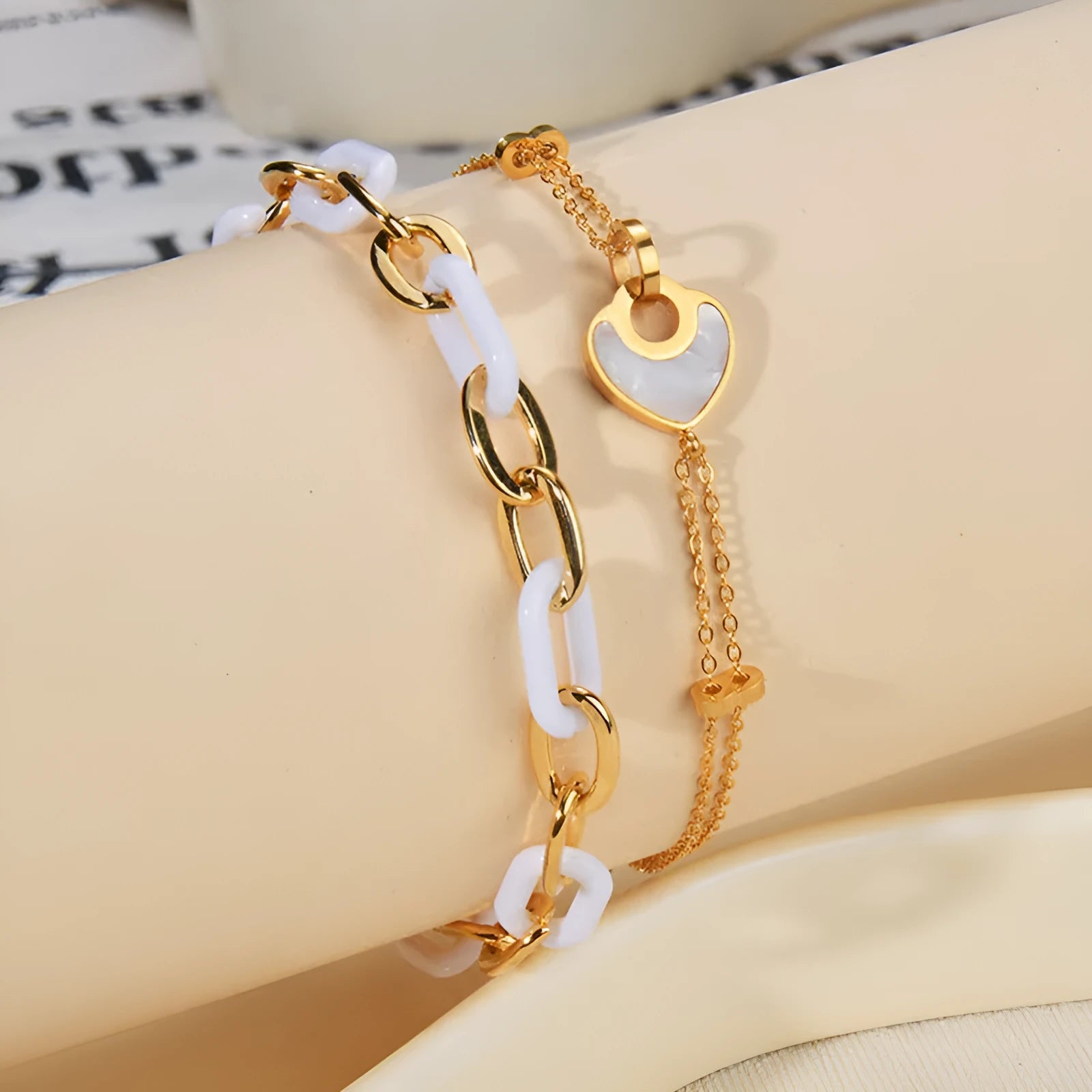 Women's stainless steel resin heart bracelet with double layer design and electroplated finish