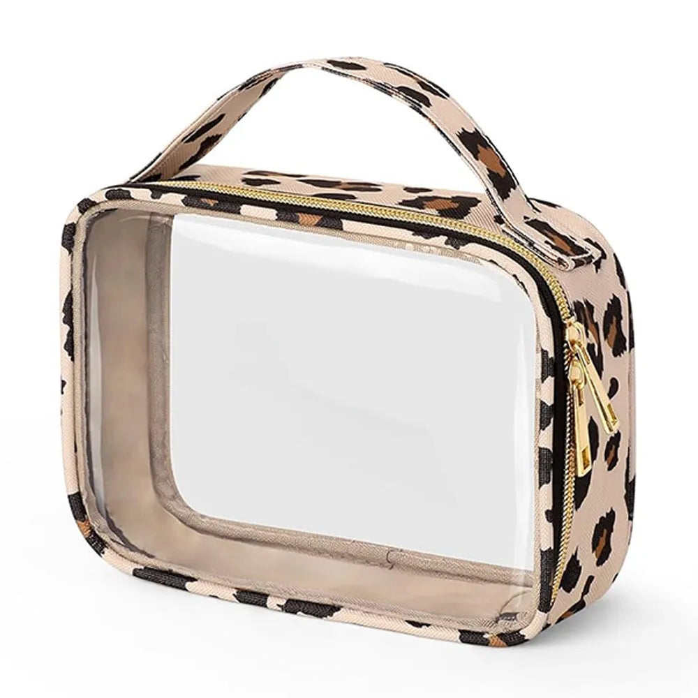 Clear PVC cosmetic wash bag with chain handle showing lipsticks inside, in leopard print colour.