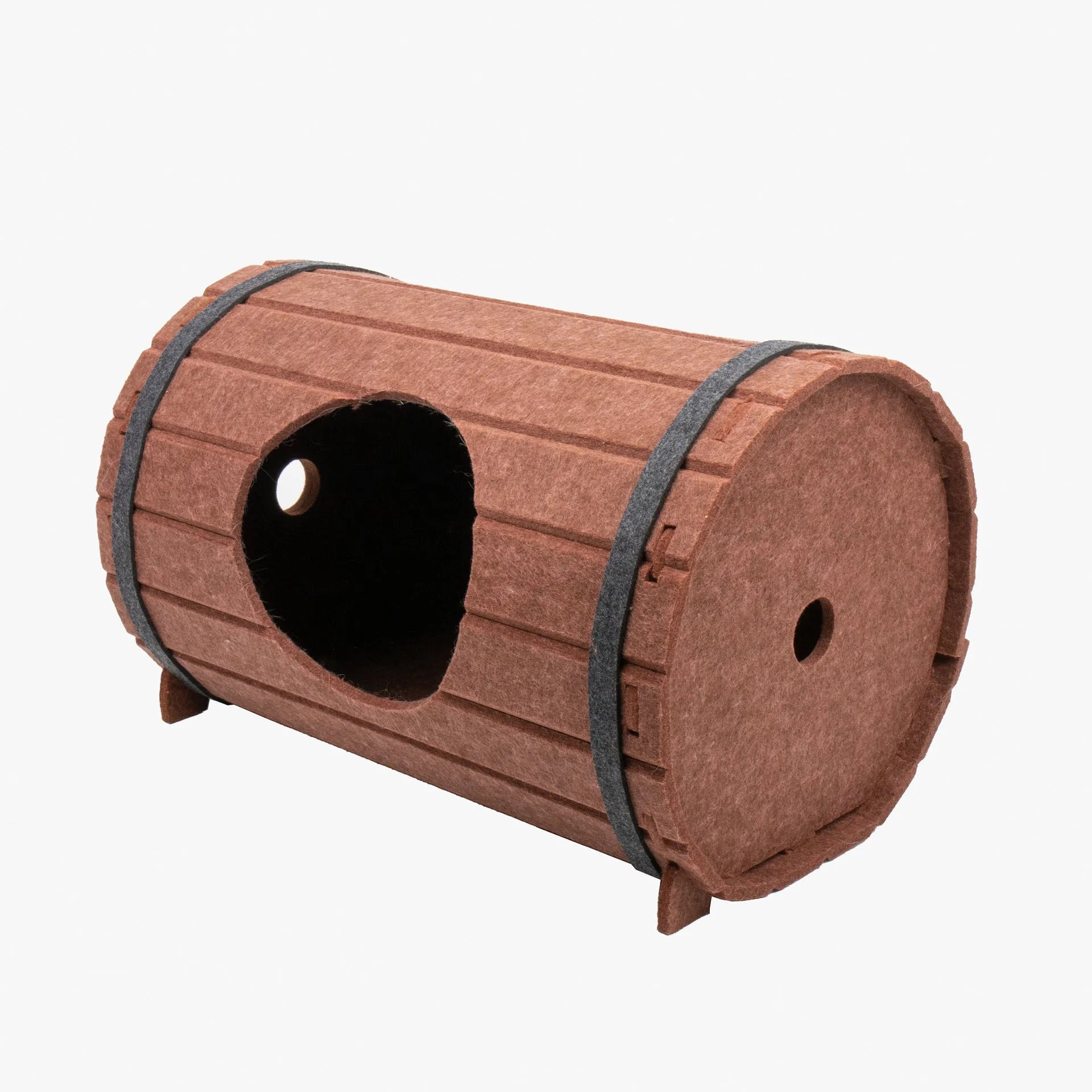 Assembled wine barrel pet bed made from polyester fibre felt for cats.