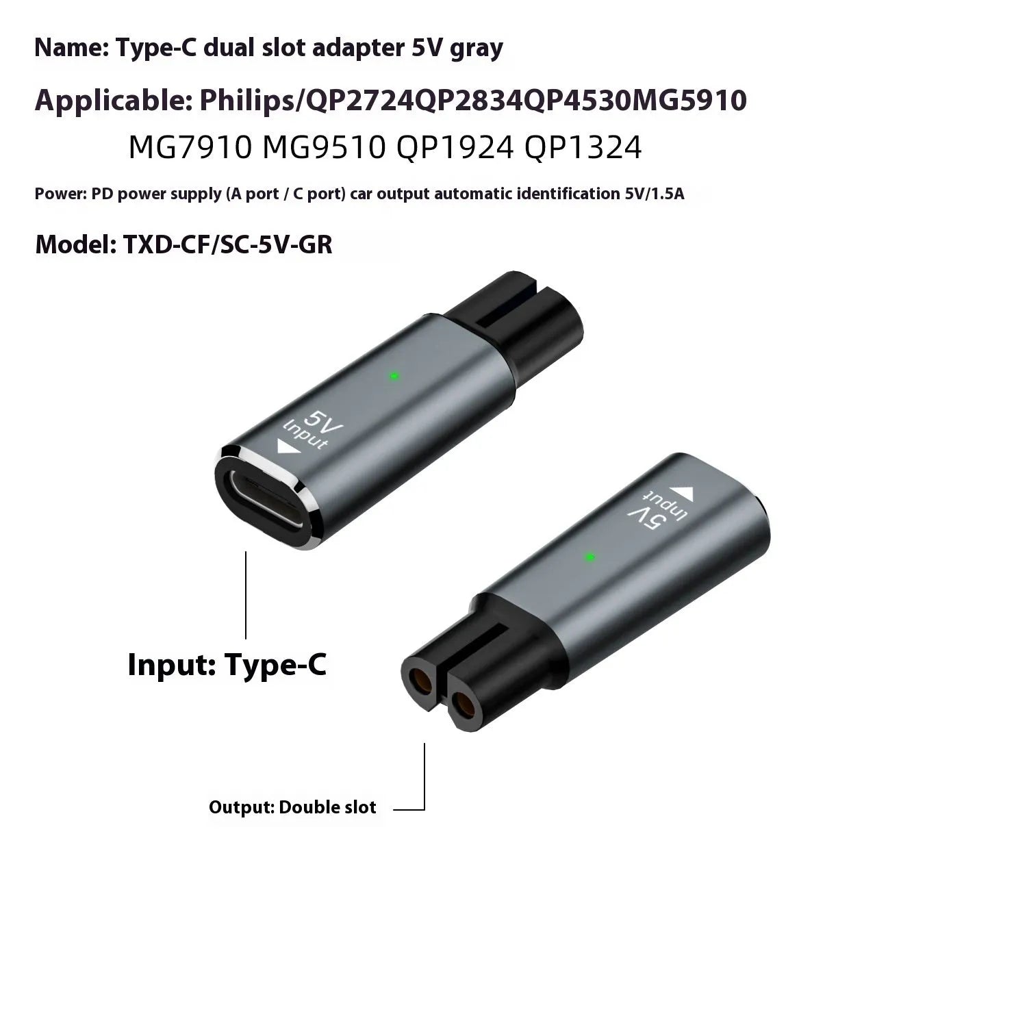 Black USB-C charging adapter for electric shavers with aluminium alloy case and 4.3V 8W output.