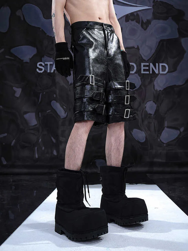 Men's black PU leather cropped shorts with mid-low waist design