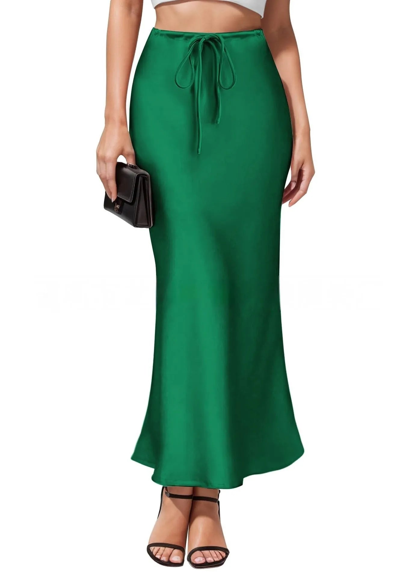 Women's asymmetric acetate satin skirt in a solid colour with high waist and irregular stitching detail.