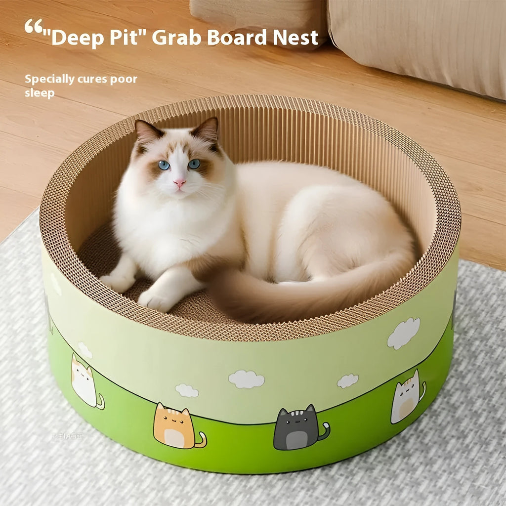 Large round deep pit cat scratch board made from corrugated paper, shown in a cute style.