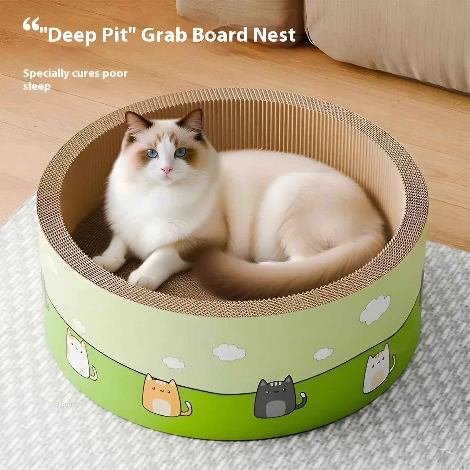 Large round deep pit cat scratch board made from corrugated paper, shown in a cute style.