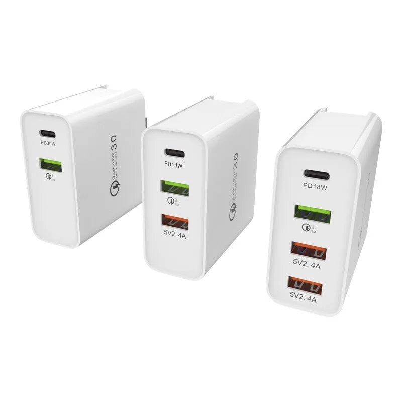 White and black multi-port fast charger with USB ports for PD and QC charging