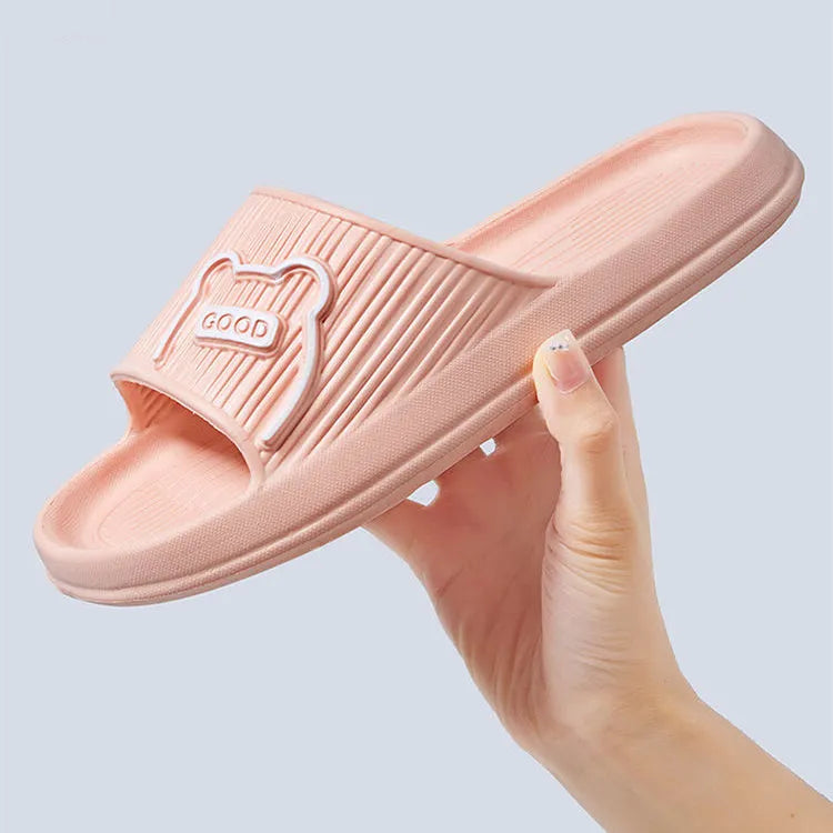 Cartoon bear EVA slippers in lemon yellow, open toe, non-slip sole, for bathroom house use
