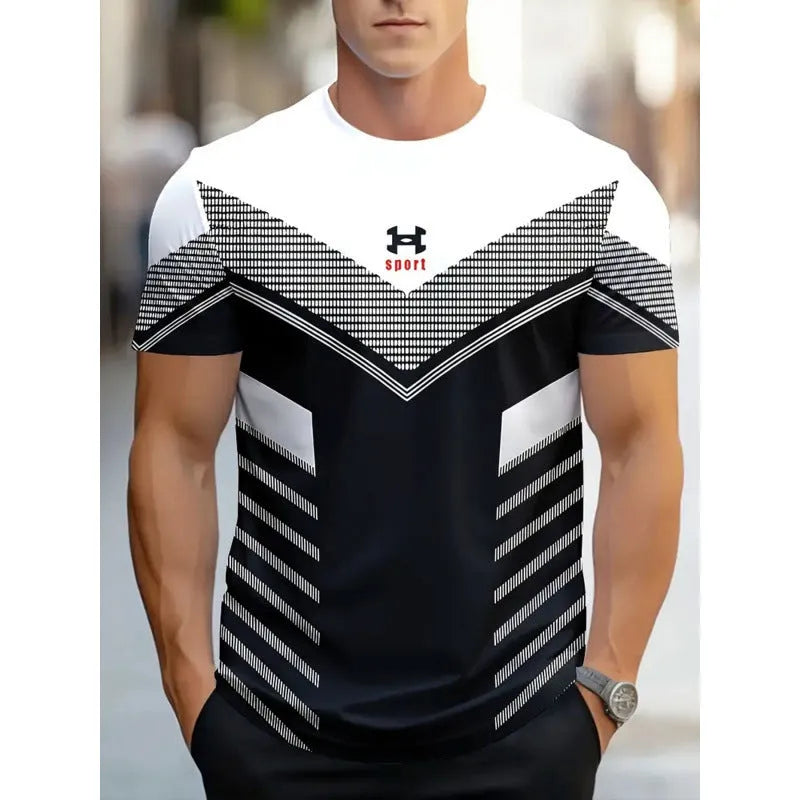 Men's loose fit short sleeve T-shirt with digital 3D printing stripes pattern in various colour styles