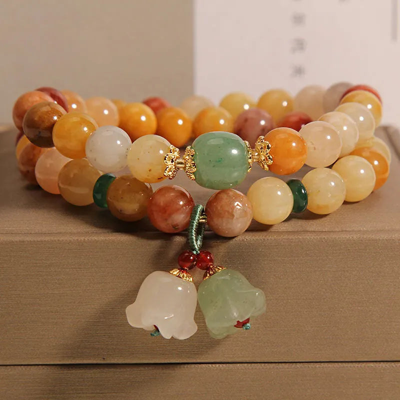 Natural jade multi-strand bracelet with orchid pendant charm for women