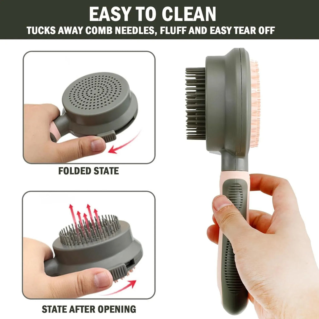 Pink and green double-sided cat grooming brush with flea comb attachment and release button