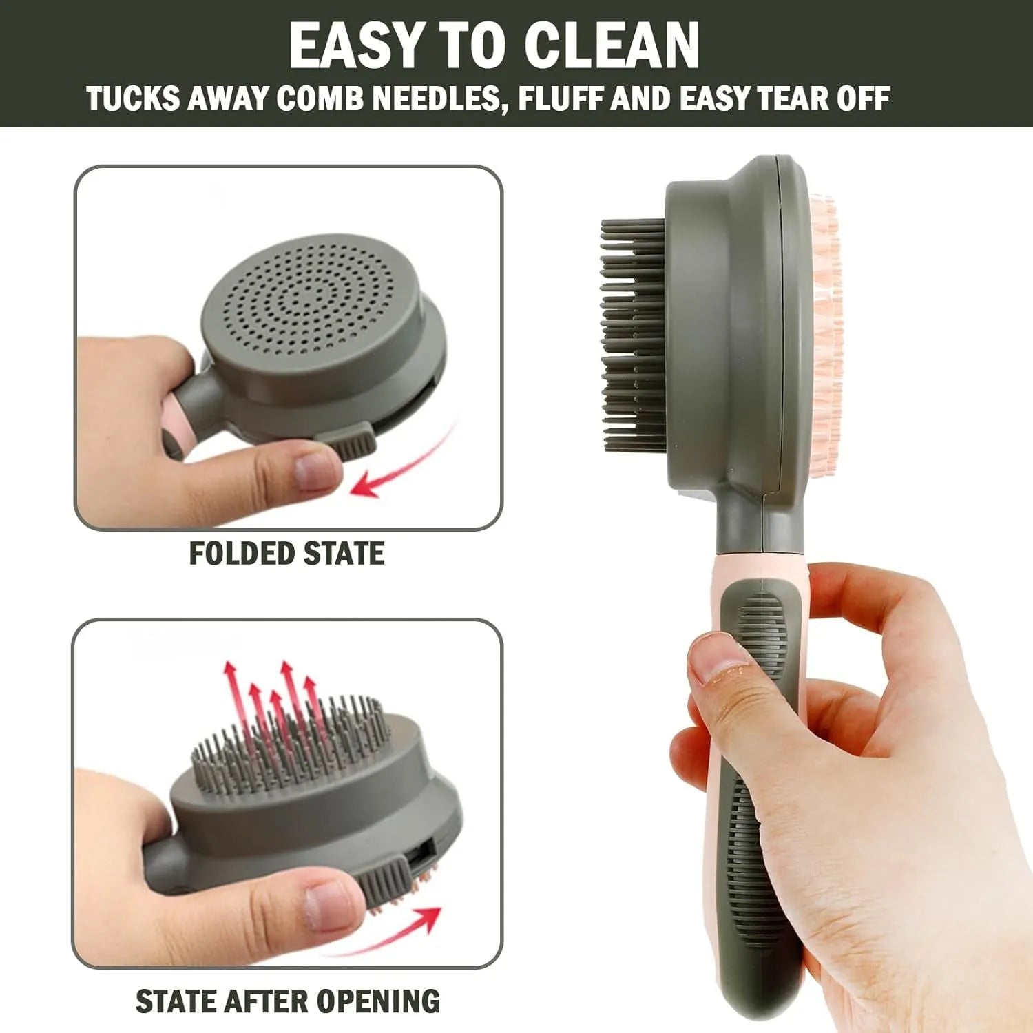 Pink and green double-sided cat grooming brush with flea comb attachment and release button