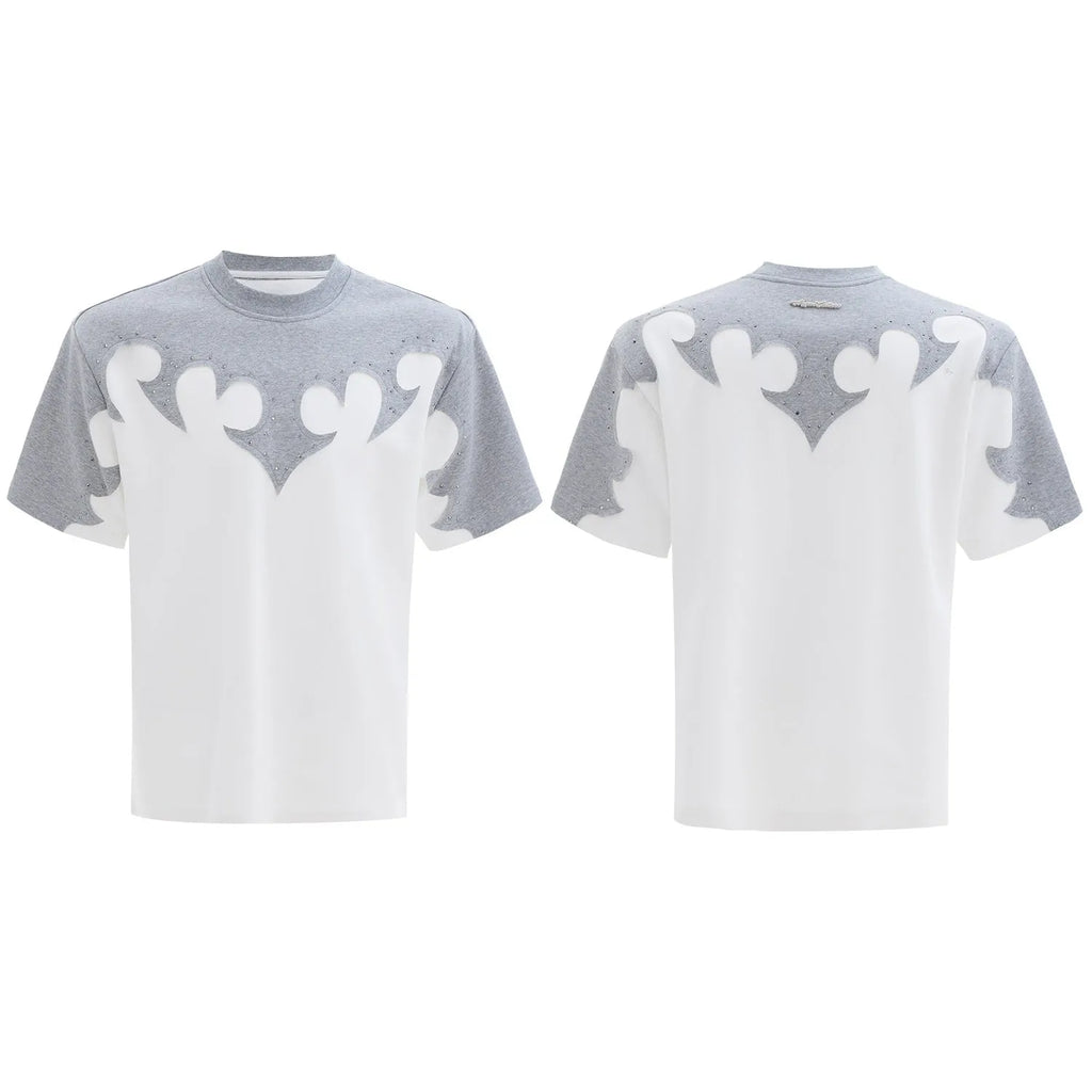 Men's burnt flower rhinestone stitch cotton shirt with drop-shoulder sleeves in red, white, and grey colours