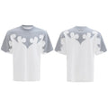 Men's burnt flower rhinestone stitch cotton shirt with drop-shoulder sleeves in red, white, and grey colours