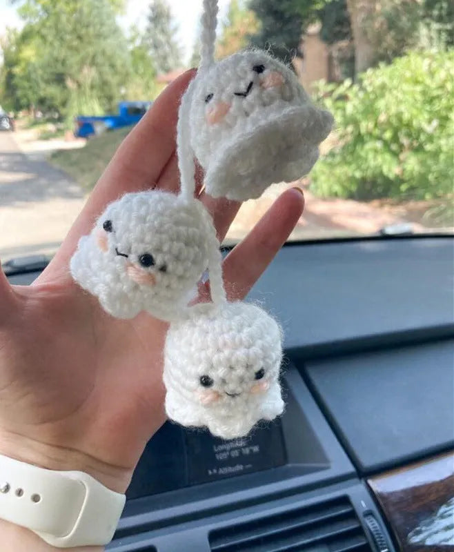 Plush hand-woven polyester automobile hanging ornament with cartoon style design on car dashboard