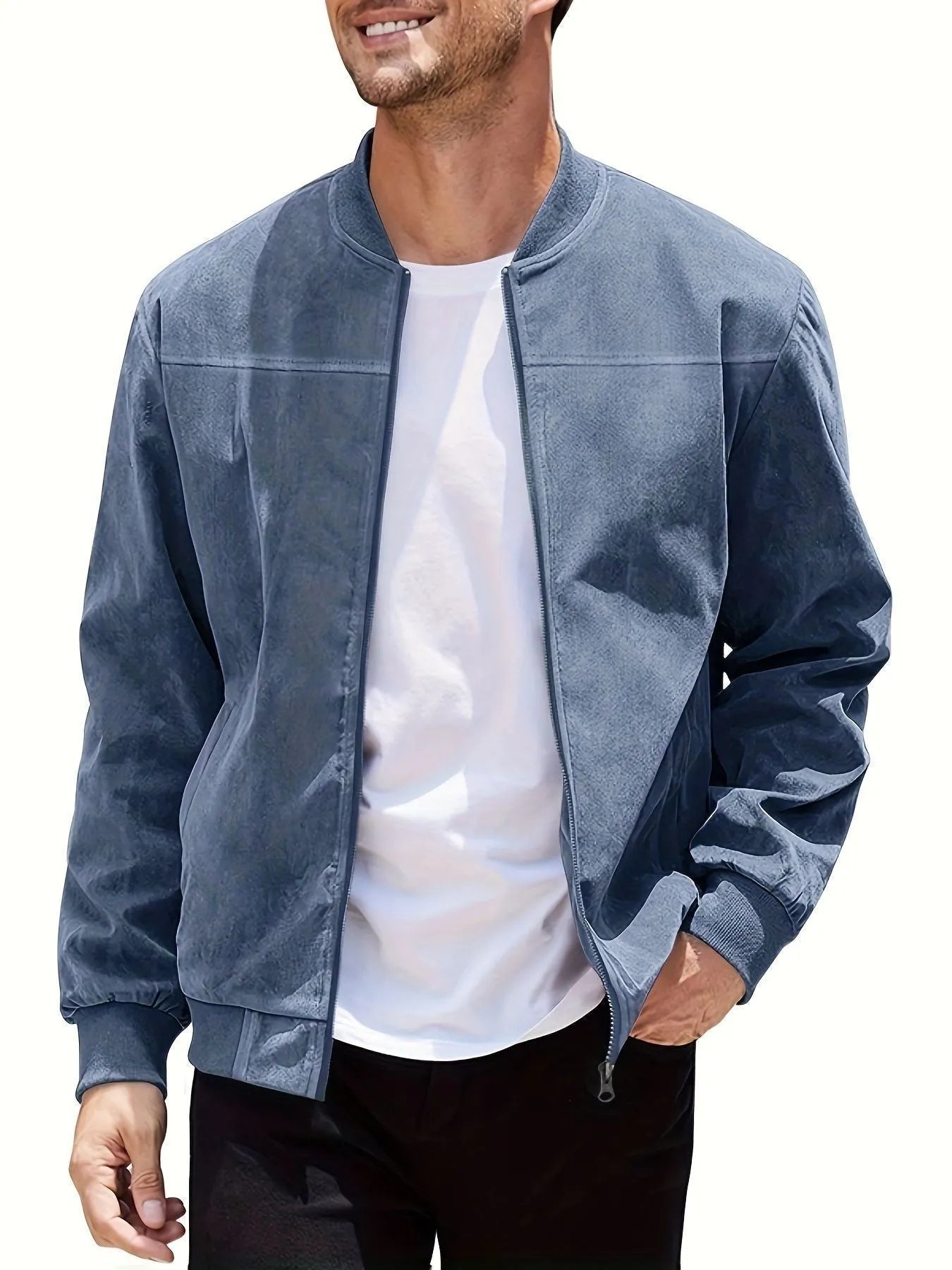 Men's plus size casual jacket in suede fabric, shown in Army Green colour with a front zipper.