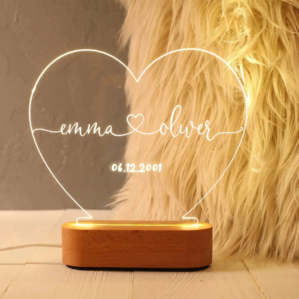 Custom acrylic LED night light personalised with names and date for Valentine's Day gift