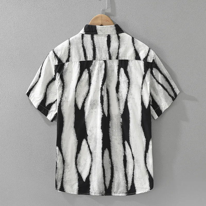 Men's retro striped pure cotton short sleeve shirt in loose cardigan style