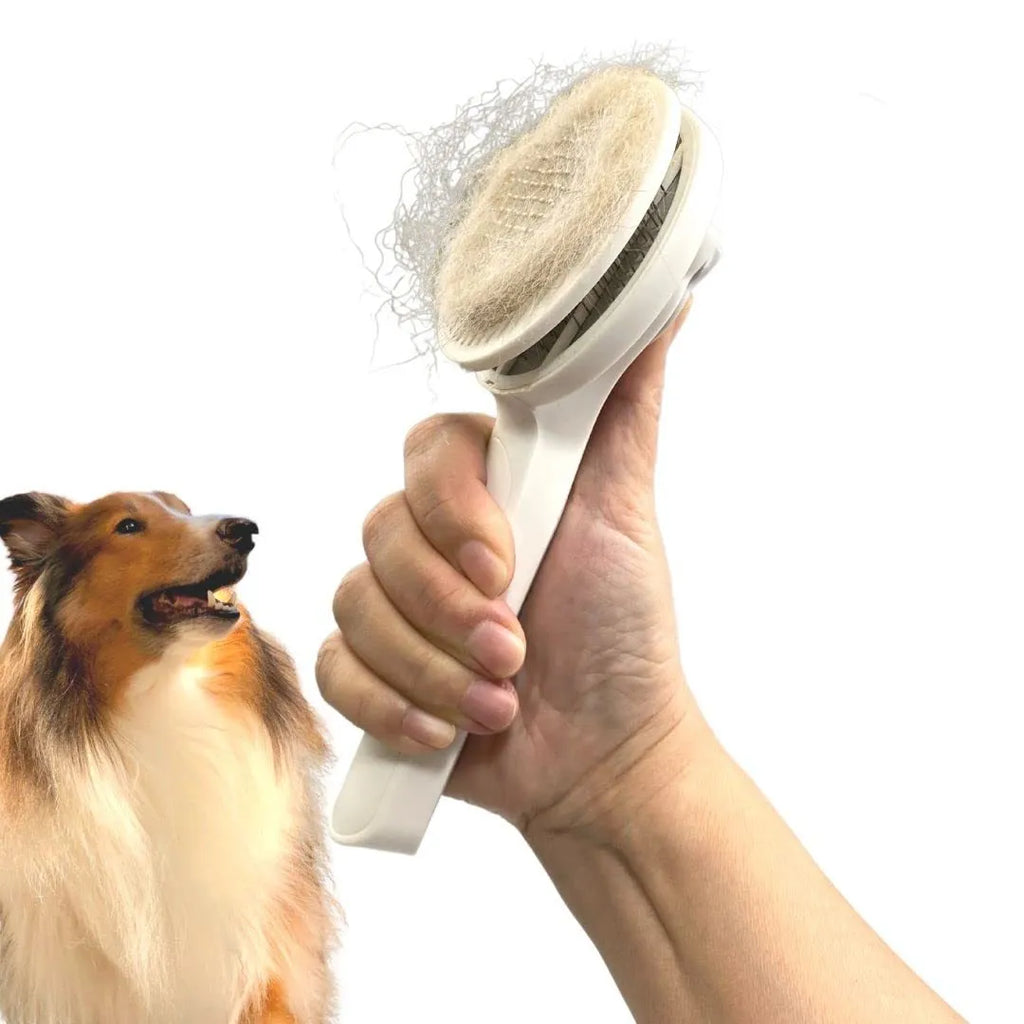 Blue self-cleaning slicker brush for dogs and cats on a table, showing ergonomic rubber handle and stainless steel pins.