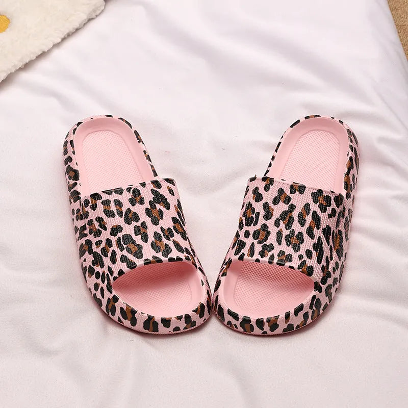 Leopard print slippers with thick EVA sole in black, pink, khaki, and white zebra patterns for women's indoor outdoor summer wear