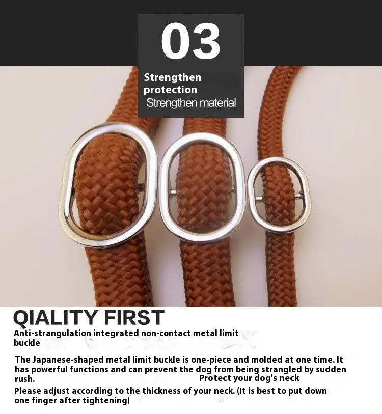 Brown nylon dog leash held in hand showing its 2.1 metre length and P chain handle.