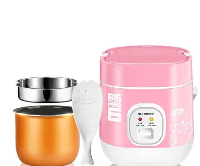 Compact round mini rice cooker with steaming pan and non-stick inner pot for 1-2 people