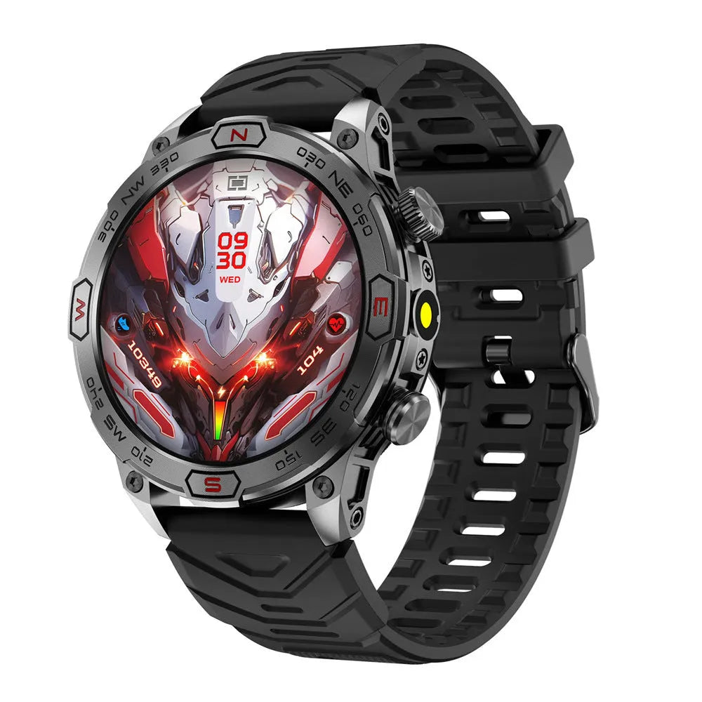 Sports smart watch with AMOLED screen on a black silicone strap, showing fitness data.