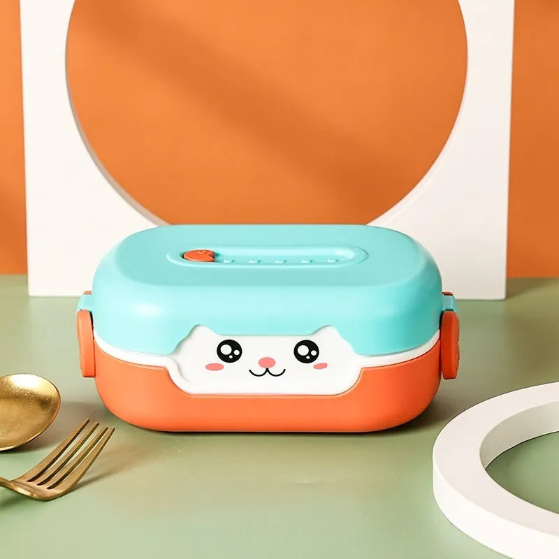 Square divided plastic lunch box with cartoon design in dark blue, orange yellow, or pink and green colours