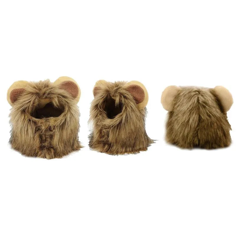 A cat wearing a brown lion mane wig with plush ears and an adjustable strap.