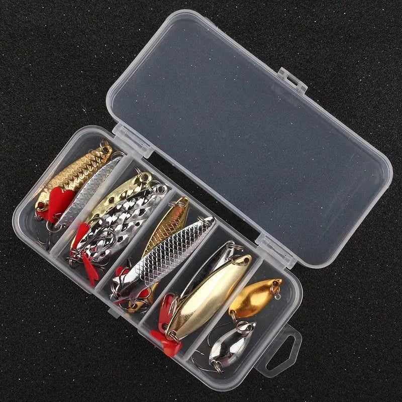 Fishing lure box with pineapple-shaped iron false baits and metal sequins in gold and silver colours