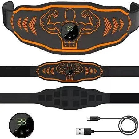 Rechargeable EMS smart massage belt and host unit in blue or orange with arm stickers