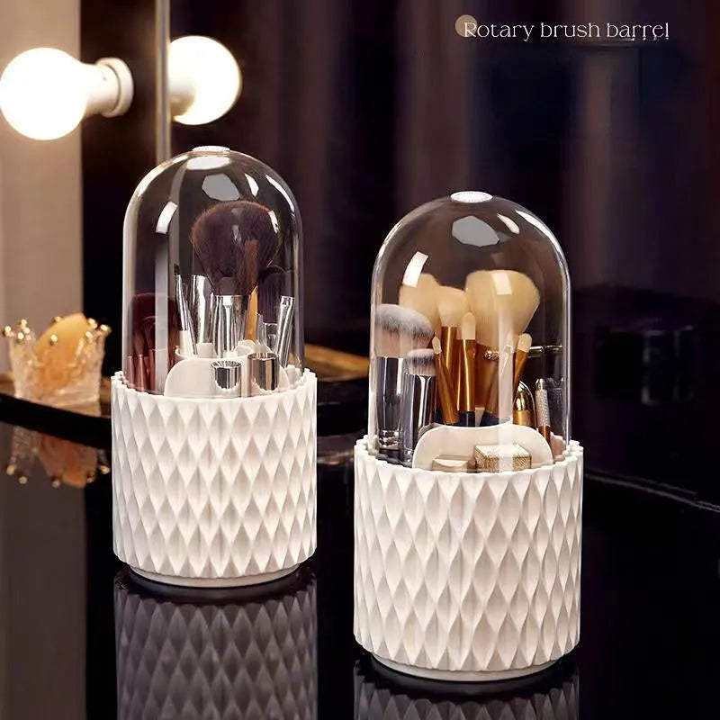 White rotating acrylic makeup brush storage box with transparent walls and dustproof lid