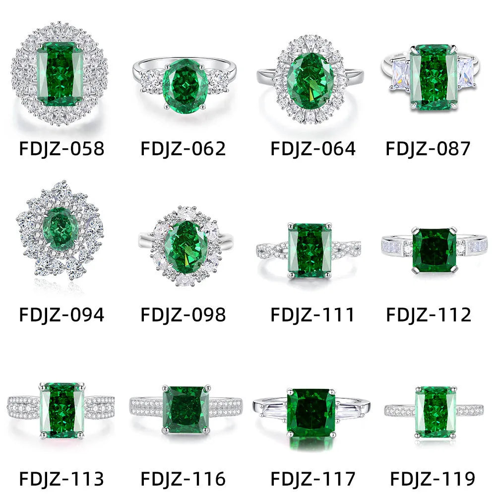 S925 silver emerald ring for women with a geometric design and an inlaid high carbon diamond centre stone.