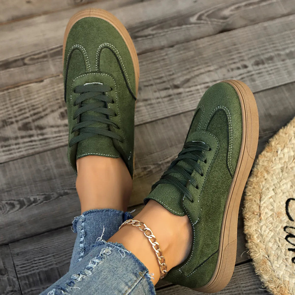 Women's casual lace up shoes with round toe, cross shoulder straps, low heel, in khaki colour
