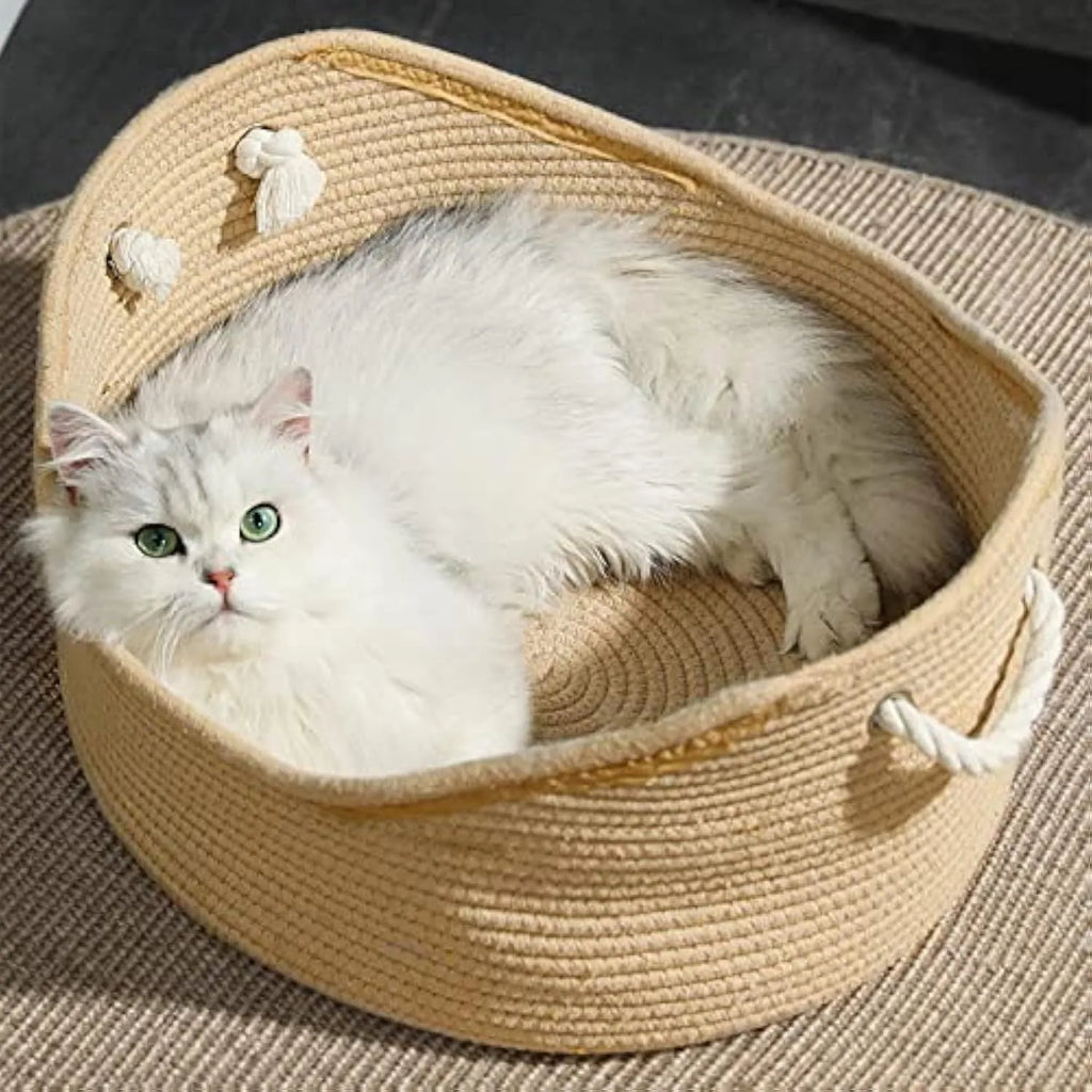 Woven wicker cat basket bed with integrated corrugated scratching surface showing two size options