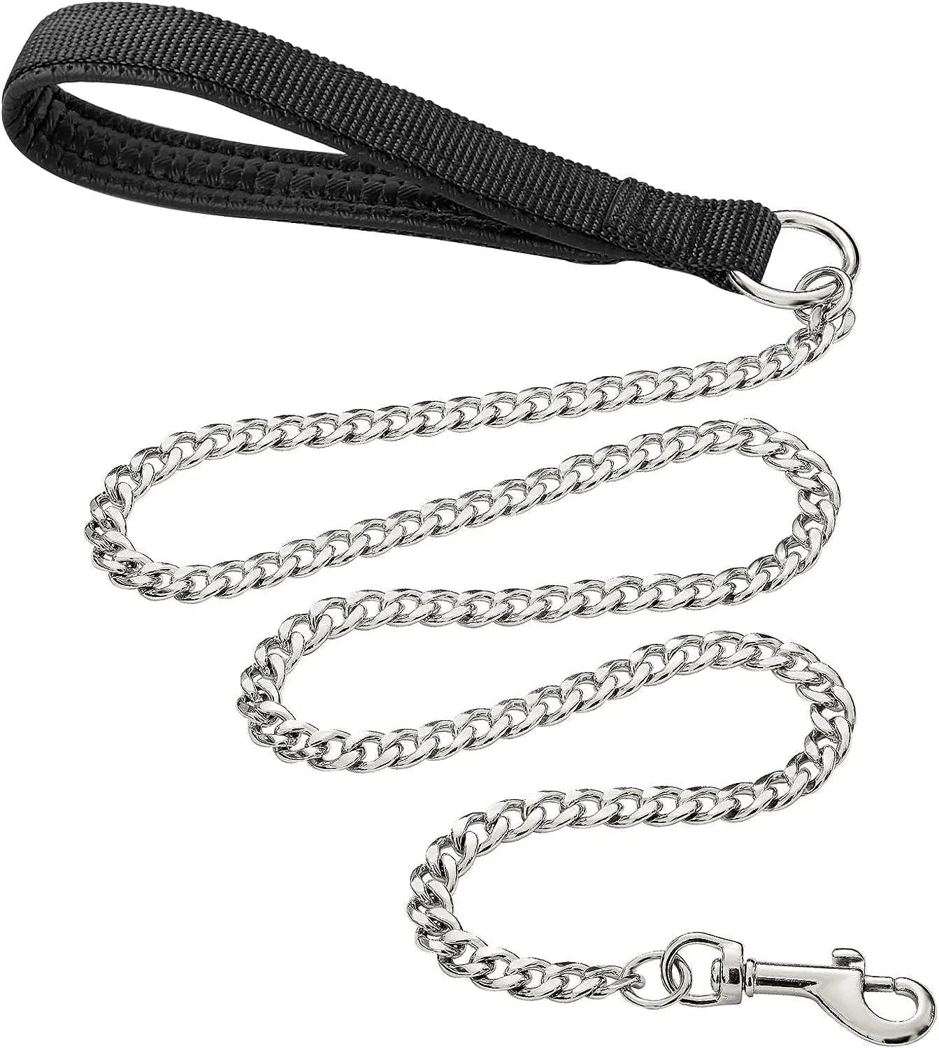 Heavy duty metal dog leash chain with soft black padded handle, shown with red collar attachment.