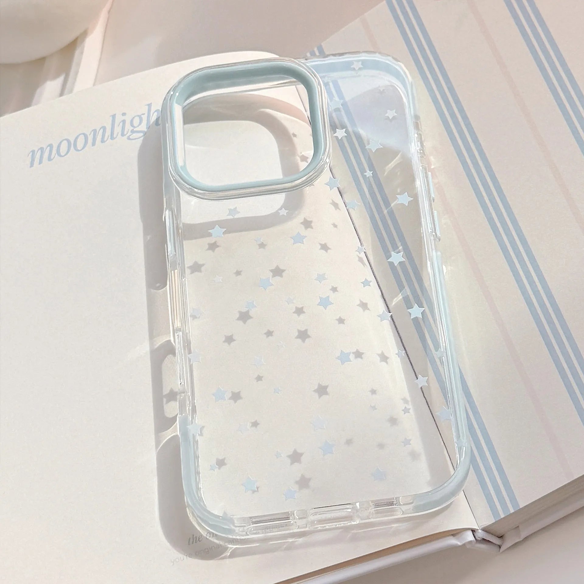 Blue edge and blue star dots TPU phone case for Apple iPhone, transparent back