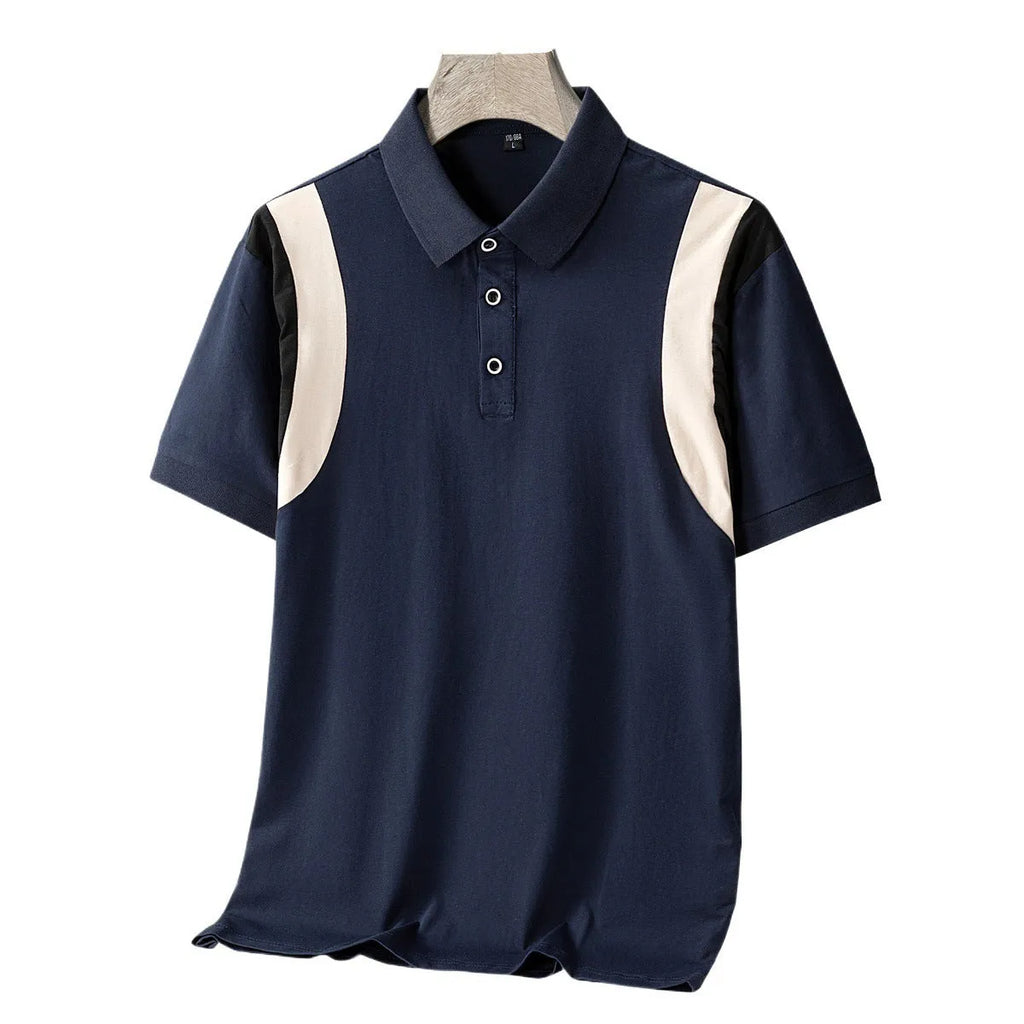 Men's gray cotton lapel T-shirt on a hanger, showing V-neck and short sleeves.