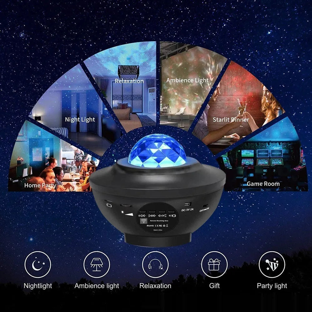 Black parallel starry sky projection lamp with USB cable and remote control on desktop