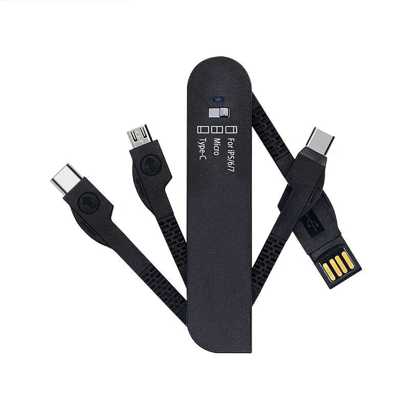 Folding 3-in-1 data cable in black and white with three outputs and indicator light
