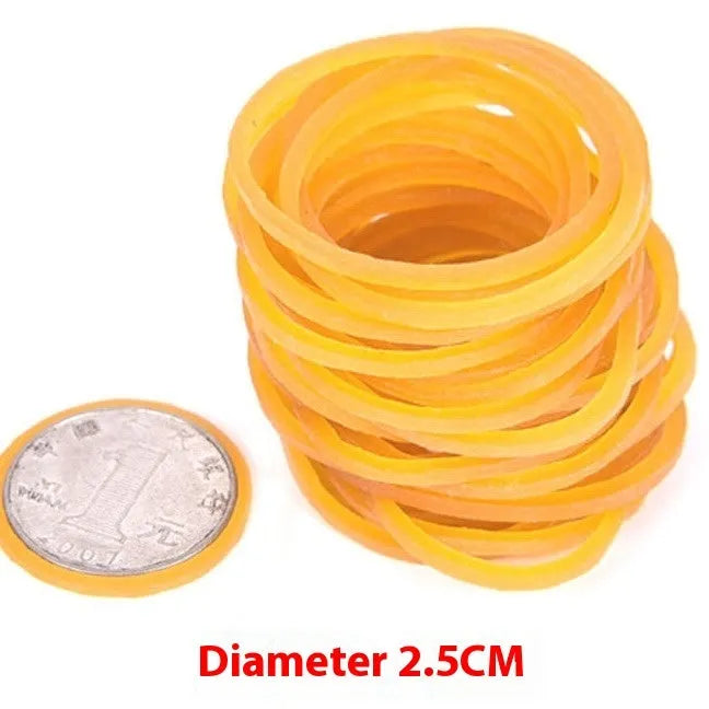 Bulk pack of yellow rubber bands in various sizes including 16mm, 25mm, and 50mm diameters on white background