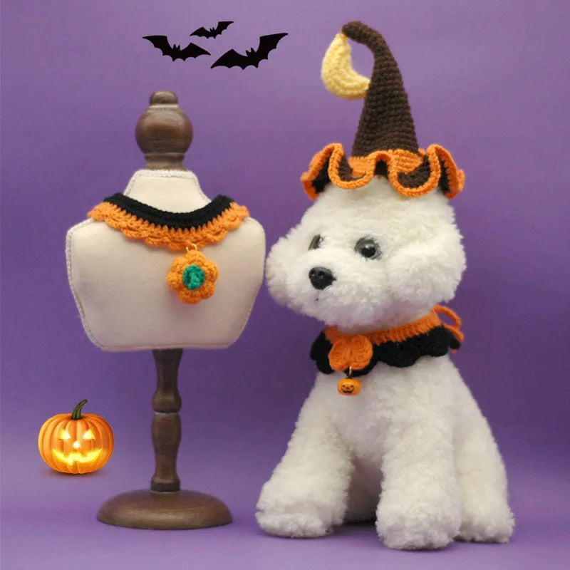 Hand-crocheted wool pet collar in pumpkin colours with adjustable sizing