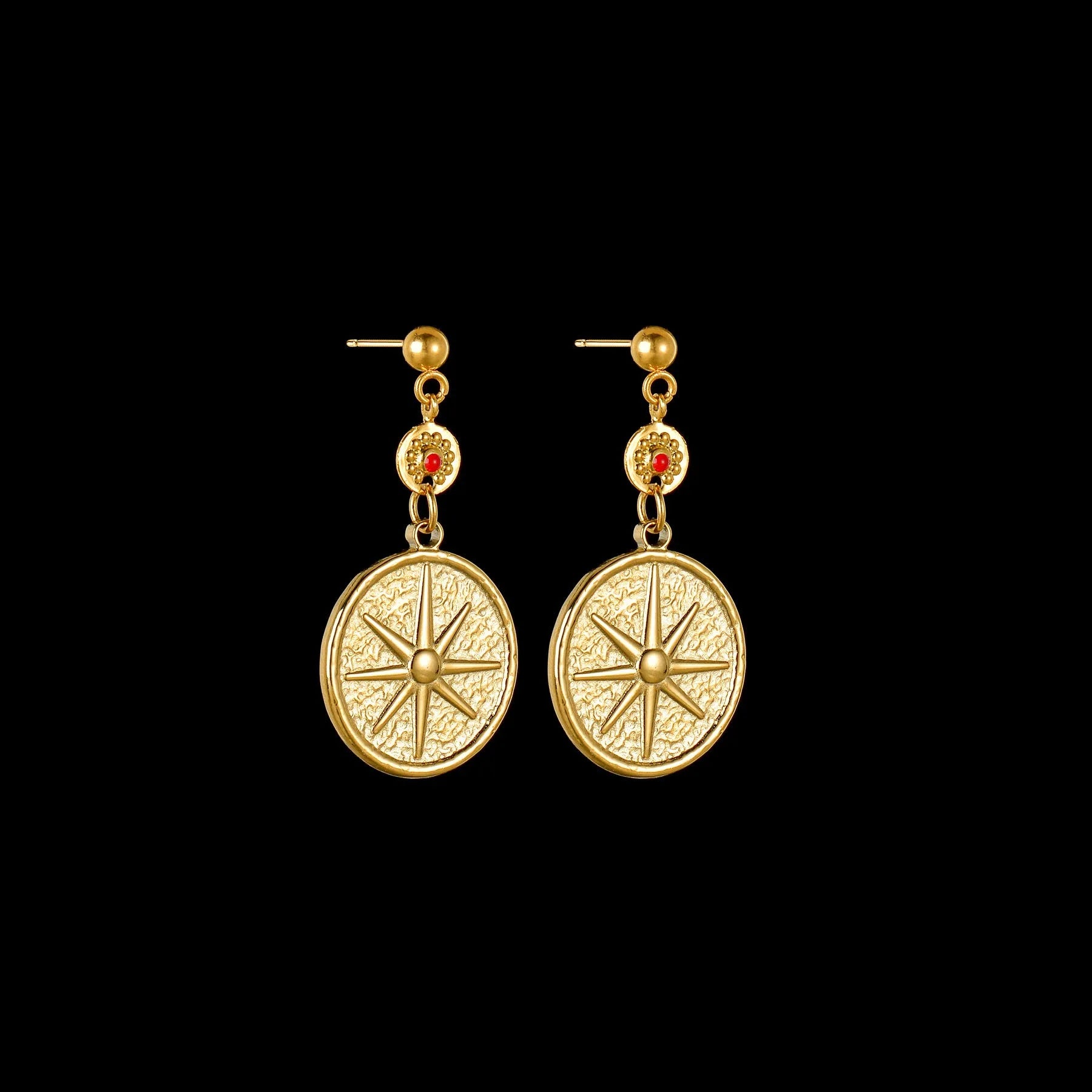 Geometric stainless steel earrings in Eight Awn Star, Eye, and Shell Sun designs