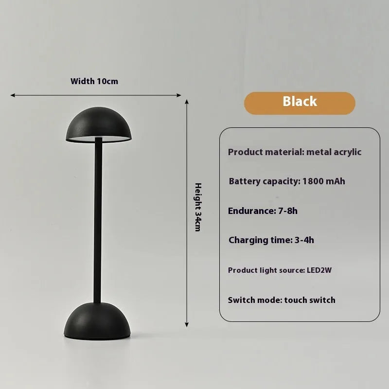 High foot metal mushroom table lamp with black metal finish, 330mm tall, Type-C powered for bedside bar ambience