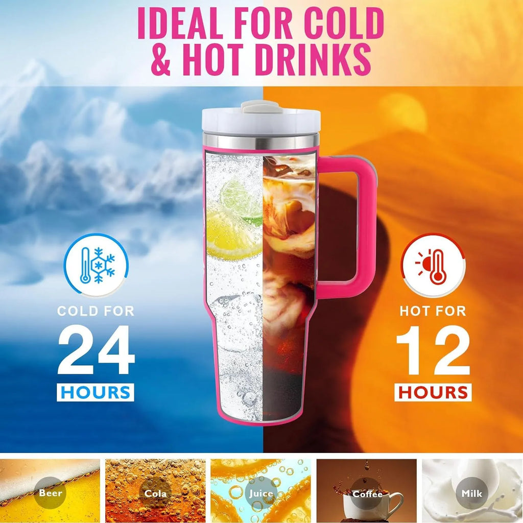 40 oz stainless steel insulated tumbler with handle and straw in multiple colours