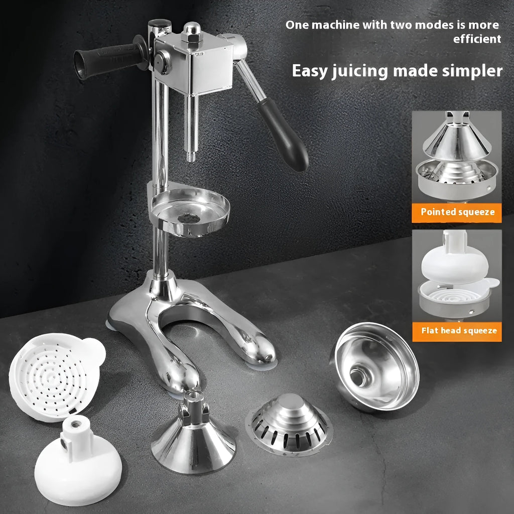 Vertical stainless steel manual juicer with zinc alloy frame in multiple colour options